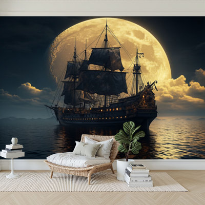 Papier peint adhésif auto-adhésif moderne l 96 "x H 69" pour chambre à coucher Bateau de pirate naviguant sous la pleine lune