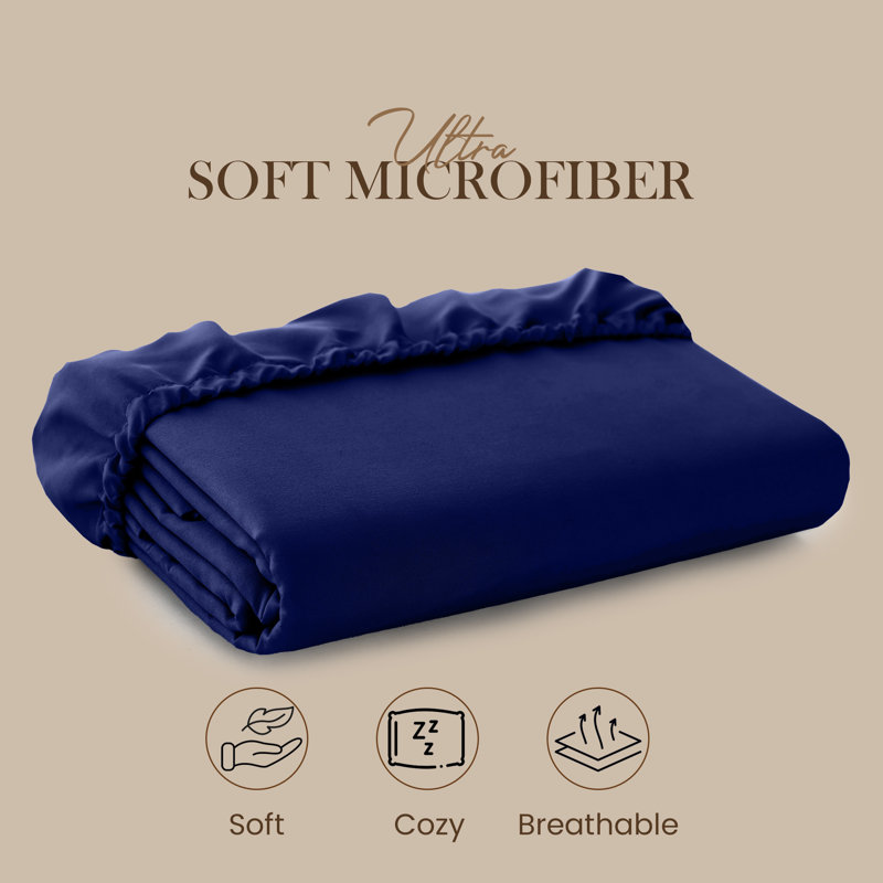 25cm Deep Pocket Fitted Sheet - Soft Microfiber Elasticated Bed Sheet Bottom, King (5'), Navy