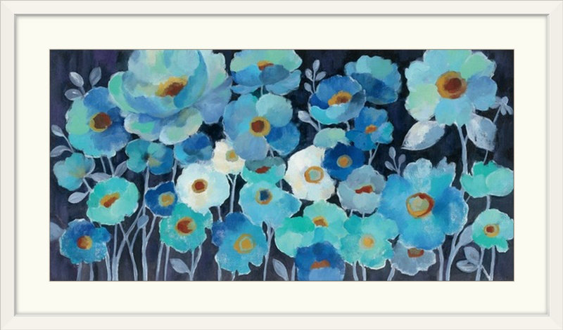 «Indigo Flowers» par Curie, reproduction d'art, H 32 po x l 56 po x P 1 po, Cadre blanc