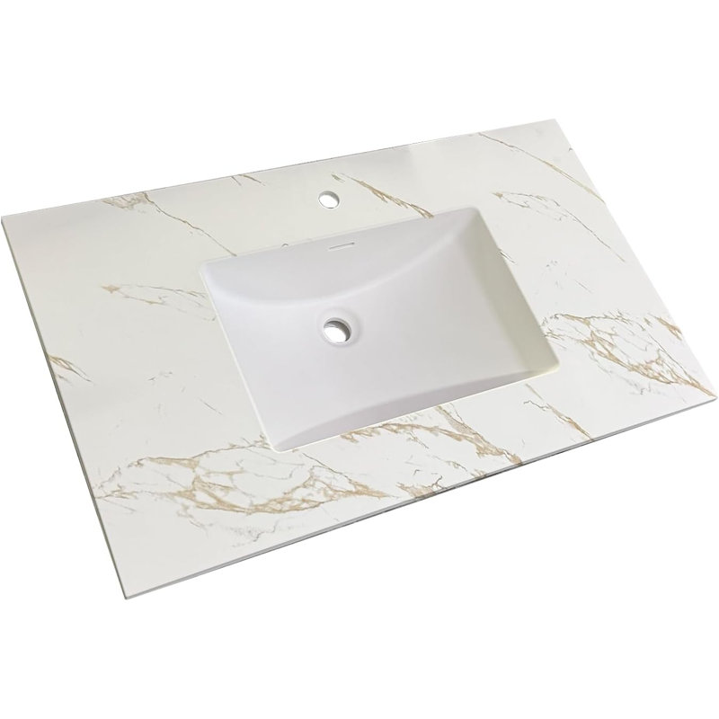 Solid Surface Polyurethane Resin Streamline Nano Vanity Top With Sink, Durable, Consistent Color, Easy-to-Clean, Built-in Overflow, 37"W x 22"D