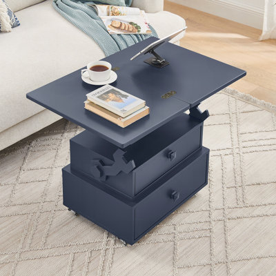 High-Gloss Lacquered Adjustable Height Rolling End Table with Charging Station&Universal Wheels with Brakes, Multi-functional Lift Top Table with Storage Drawers for Living Room Bedroom