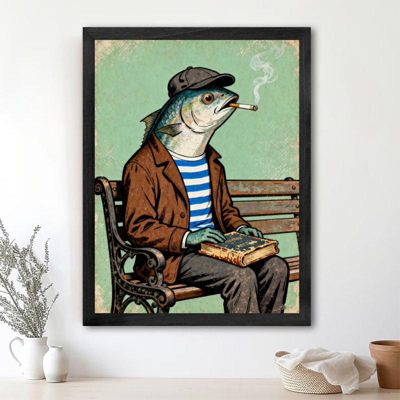 Black Framed Vintage Happy Funny Mr. Fish Head who smokes Wall Art Retro Style Framed Prints, 25" H x 17" W