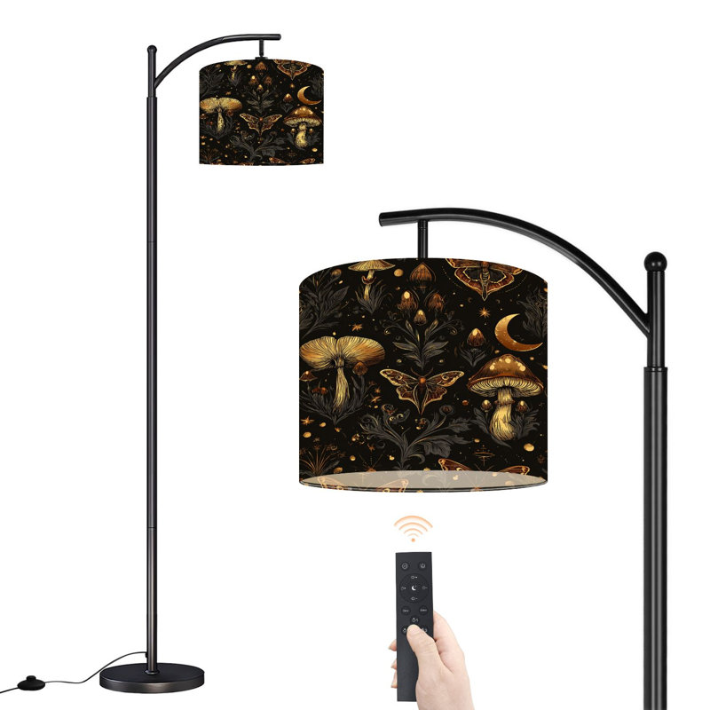 Lampe sur pied à arc avec abat-jour réglable Champignons mystiques papillons dorés Lampe sur pied foncée 3 températures de couleur Lampe à mât haut avec interrupteur au pied pour la chambre à coucher