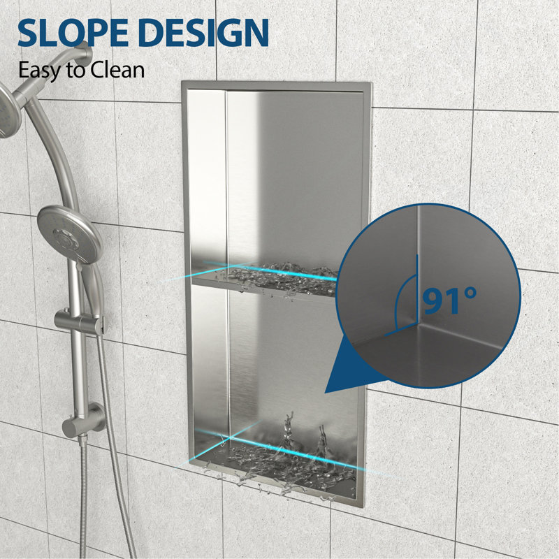 13" x 25" Stainless Steel Shower Niche Double Shelf, Brushed Nickel, Nickel