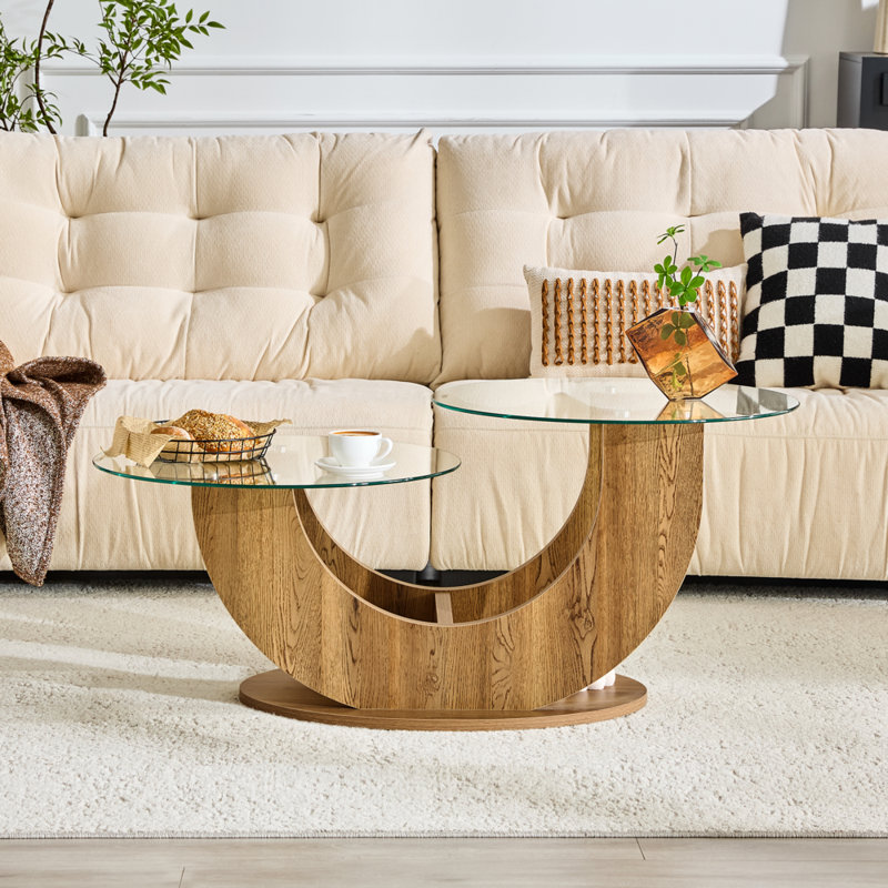 Table basse 31,5 pouces Mid-Century moderne en verre avec base en grain de bois noir et verre trempé gris