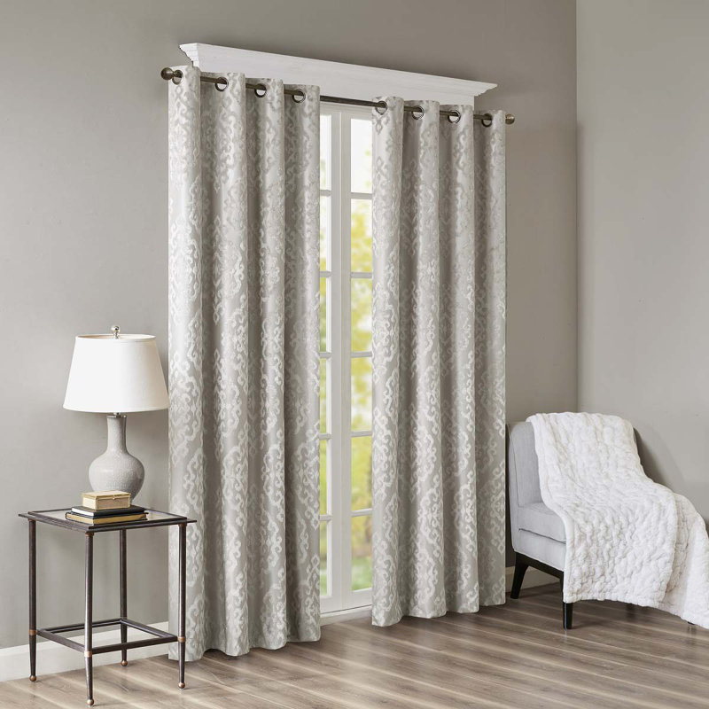 Knitted Jacquard Damask Total Blackout Grommet Top Curtain Panel(Only 1 Pc Panel), 50" W x 108" L, Silver