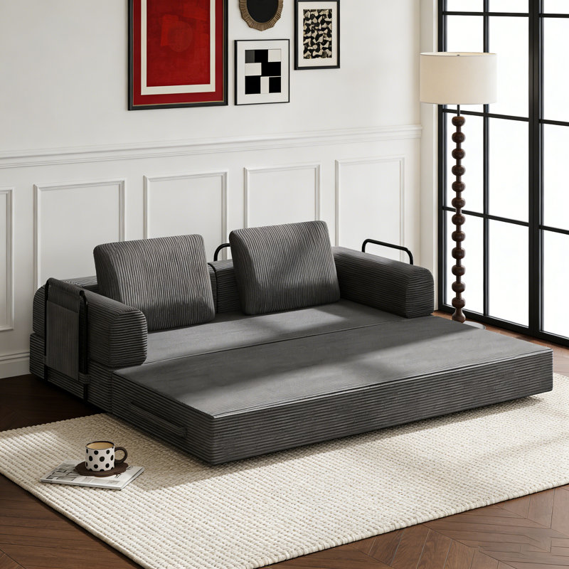 Convertible Sleeper Sofa Bed, Foldable Corduroy Futon With Fixed Frame & Pillow, 3-Seater Sofa Bed For Living Room, Bedroom Or Studio