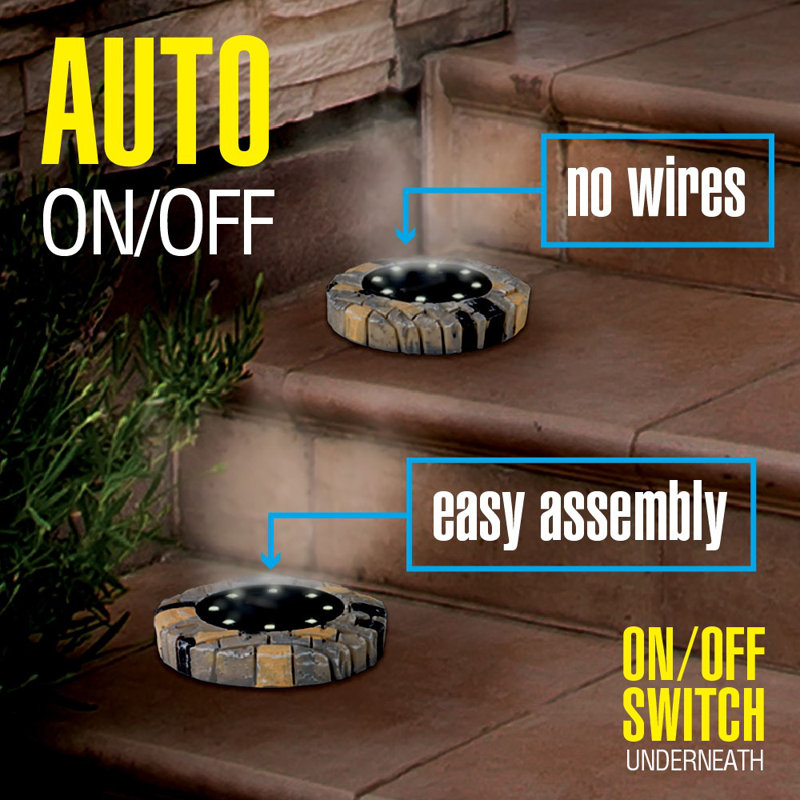 Stone Dark Gray Solar Powered LED Pathway Disk Lights, Set of 4