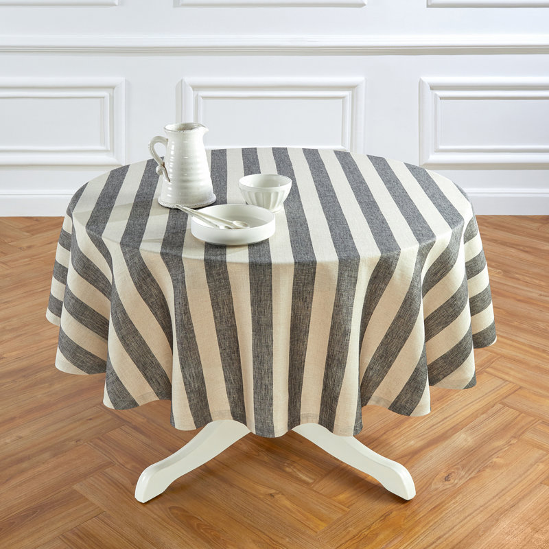 Cabana Stripe - 100% Pure Linen Round Tablecloth, 60" Round, Black and Natural