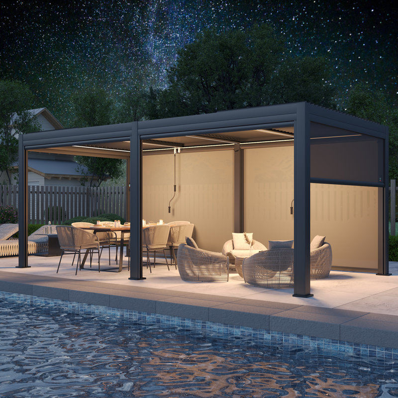 20 ft. W x 10 ft. D Outdoor Louvered Pergola with Auto-Adjustable Side Screen, Rainproof Roof, Thickened Aluminum Frame, and Remote-Controlled Light String for Deck, Patio & Hot Tub