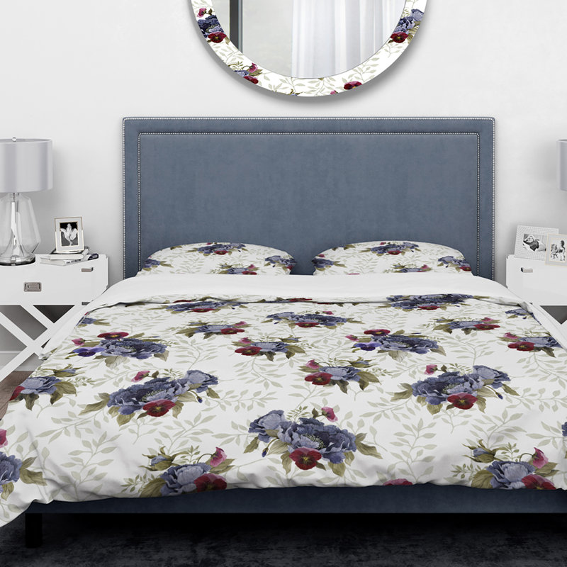 Ensemble de housse de couette peint à la main pivoines et pensées Designart, Housse de couette grand + 2 taies décoratives