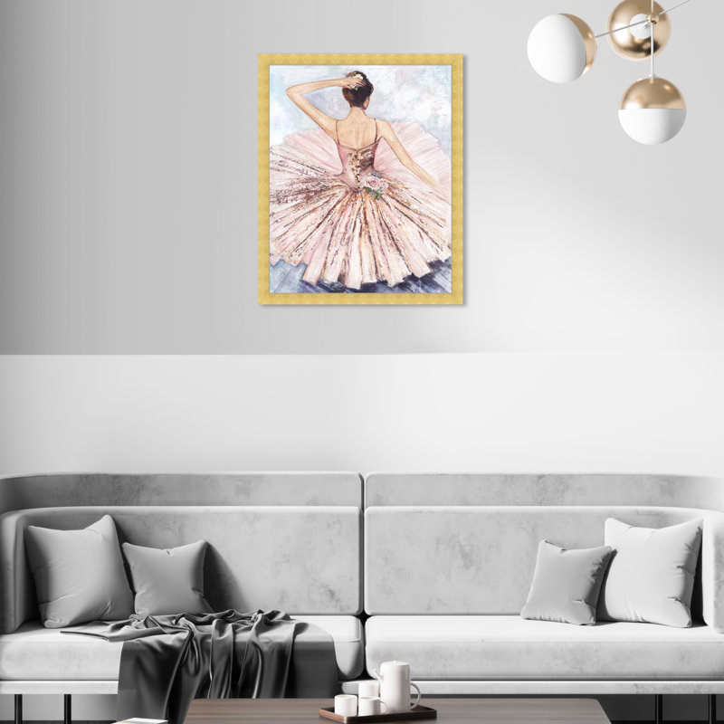 Ballet Inspired Roses - Peinture sur papier, Papier avec cadre doré, H 20 po x l 16 po