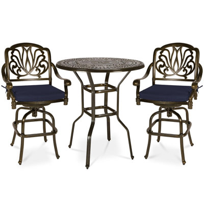 World Menagerie 5-Piece Patio Swivel Bar Set, All-Weather Cast Aluminum Outdoor High Bar Stool Bistro Set For Backyard Garden With 4 Cushions Bar Chairs With Footrest And 38.5" Bar Table, 2" Umbrella Hole