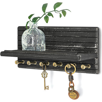 Pine Wood Key Holder Wall Mount – Chic 11-Inch Key Holder for Wall with 6 Hooks & Floating Shelf - Elegant Hanging Shelf Accent for Rustic Farmhouse Home Decor (Old Black)