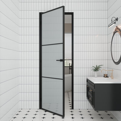 Panneau de porte intérieur en verre givré 3-Lite Aluminun avec finition noire et cadre Aluminun