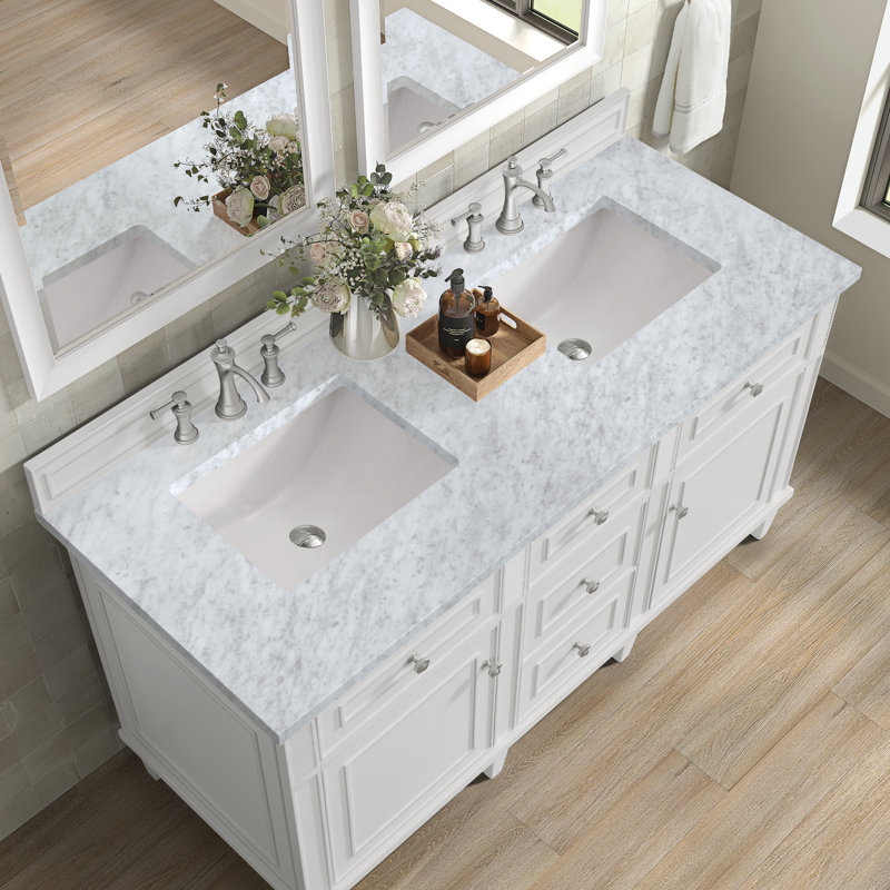 Ensemble de meuble-lavabo double 60 po Lorelai, Blanc brillant, Blanc de Carrare, 8 po