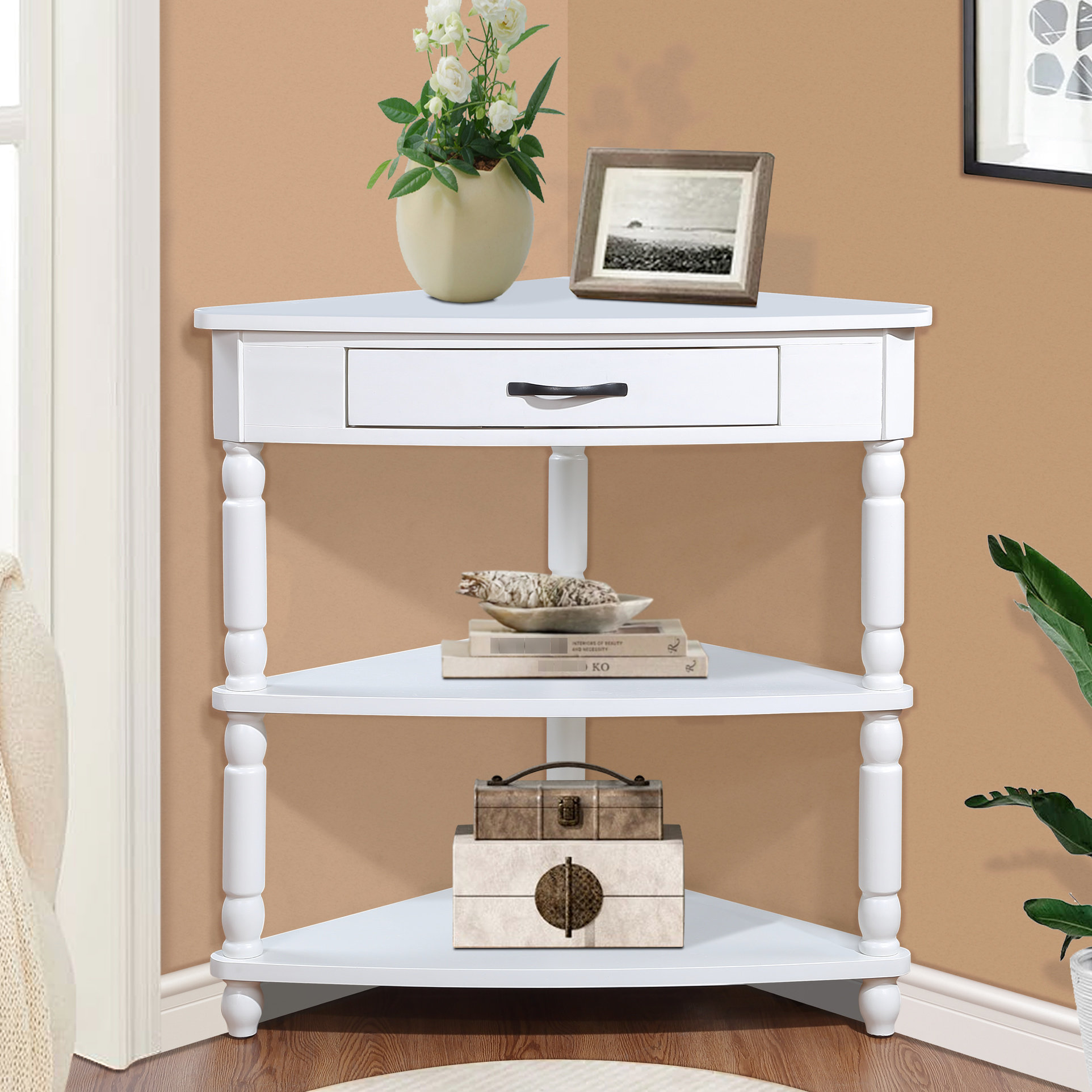 Latitude Run® Brown 33.8'' Triangle Corner Table, 3 Tier, Solid Wood ...