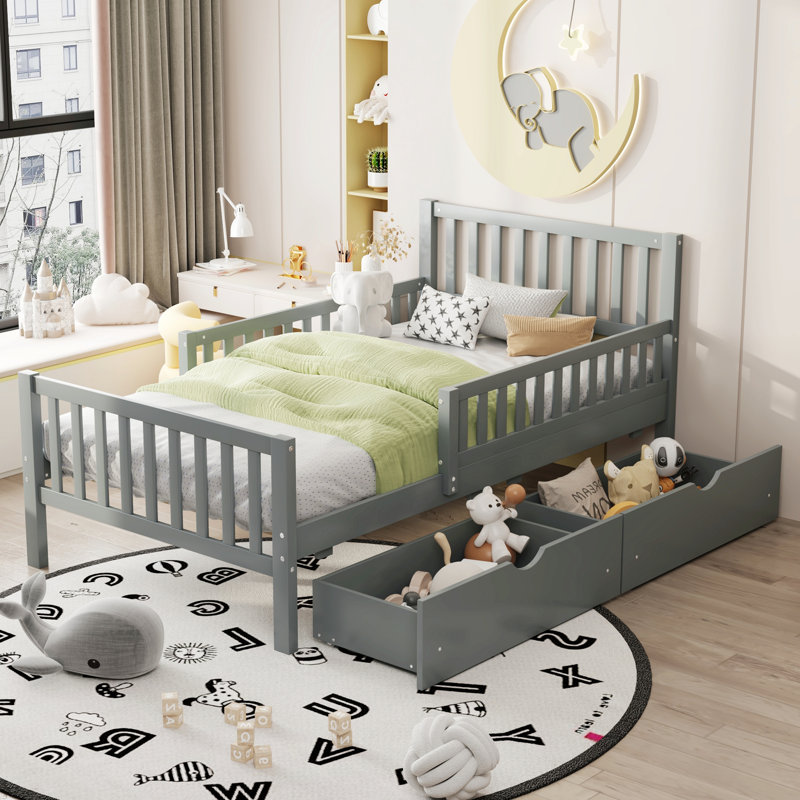 Cadre de lit moderne pour chambre à coucher, chambre d'amis, lit plateforme en bois avec garde-corps et deux tiroirs de rangement, cadre de lit pour la maison