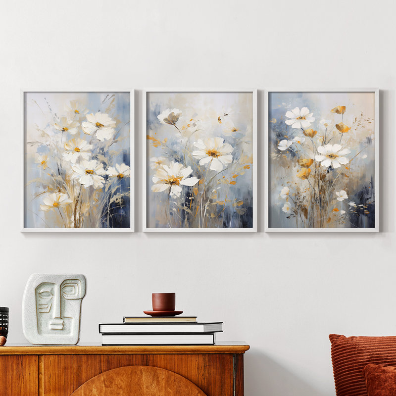 Floral Study Series XCV -Set de 3 estampes numériques giclées -Prêt à accrocher, Cadre blanc, H 28 po x l 22 po