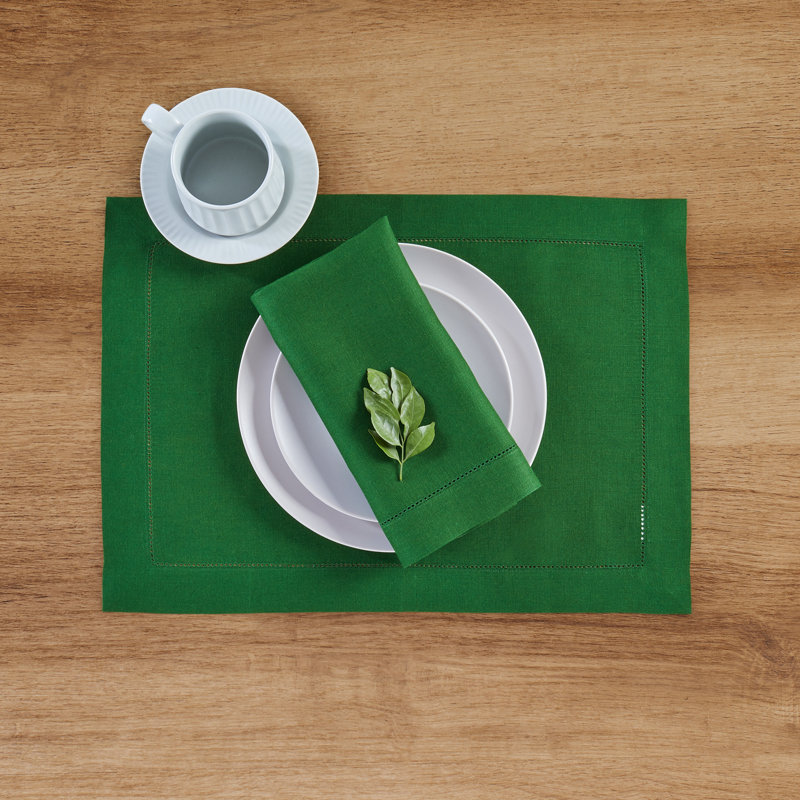 100% Pure Linen Hemstitch Dinner Napkins - Classic Hemstitch, Garden Green