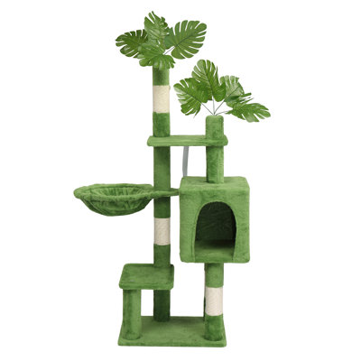 48In Green Cat Tree With Leaves Multi-Level Cat Tower With Condo Hammock