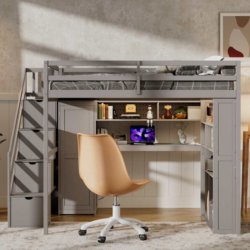 Lit mezzanine double gris espace avec garde-robe intégré, zone d'étude et ambiance chaleureuse à DEL, espace de travail spacieux au choix pour la chambre à coucher