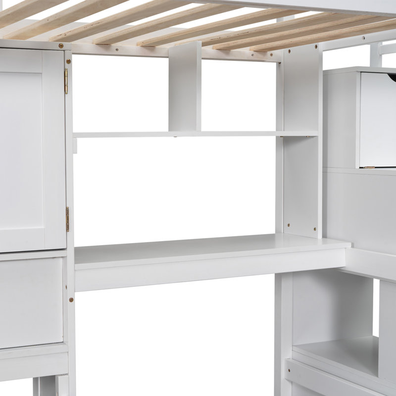 Lit mezzanine avec bureau intégré et escalier, Blanc