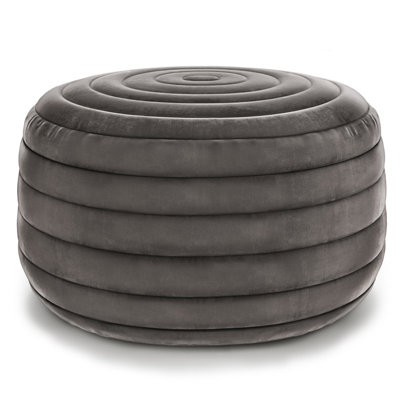 Vivienne 20"W Round Handcrafted Pouf, Gray Velvet