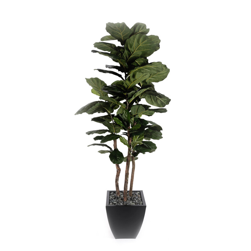 Faux Fiddle Leaf Fig Tree in Planter, Black Metal Planter