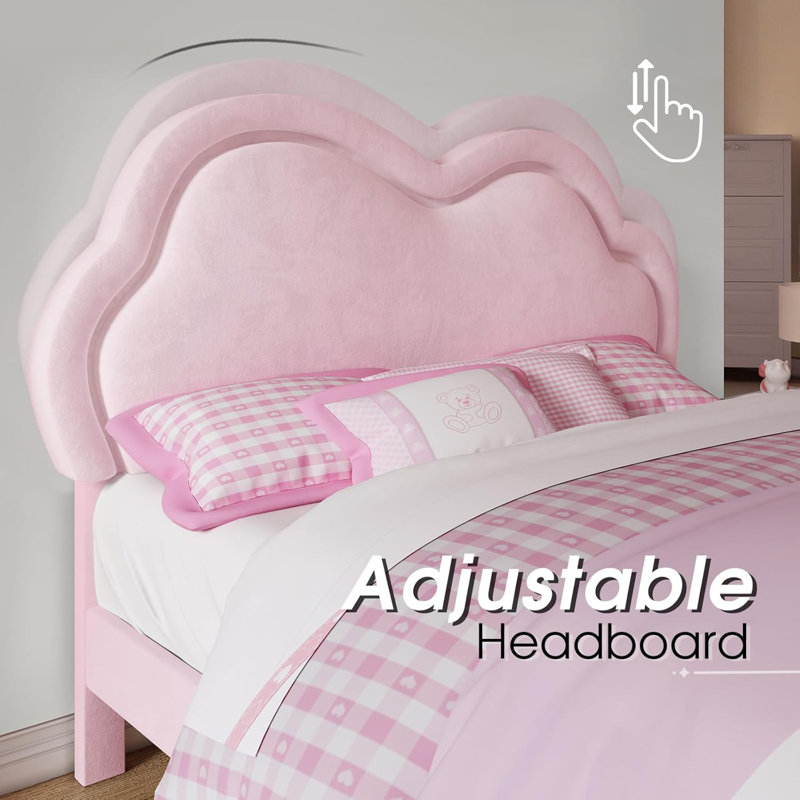 LED Twin Bed Frame with Adjustable Cloud Headboard, Velvet Upholstered Platform Bed, No Box Spring Needed, Easy Assembly, Pink
