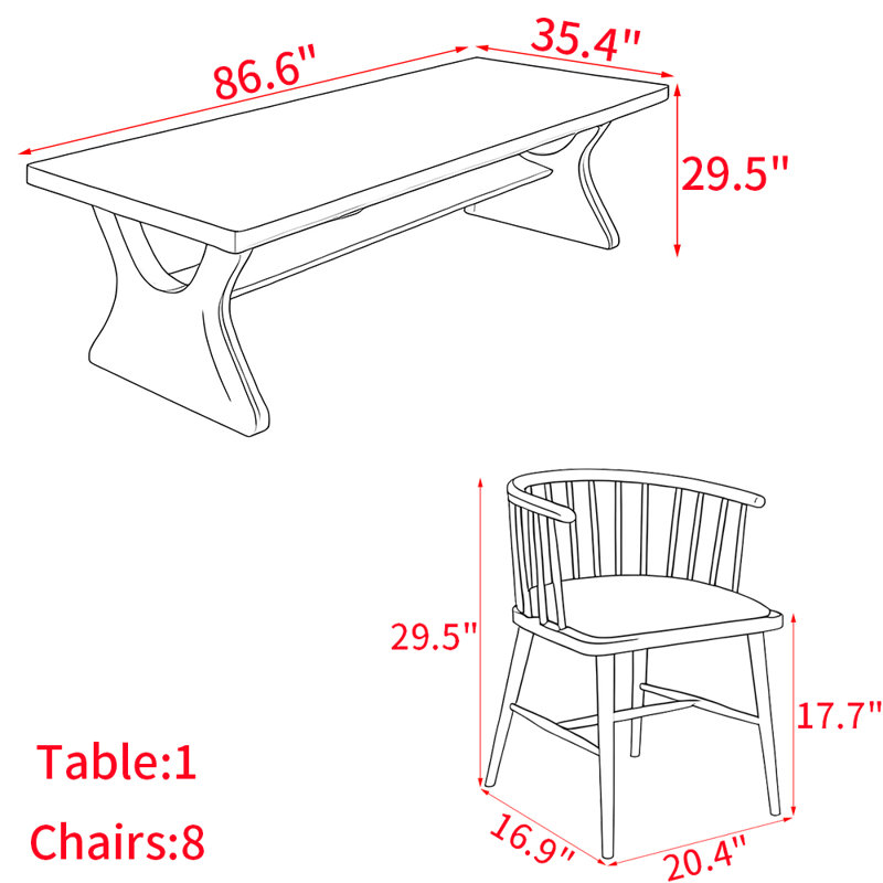 Modern simple solid wood rectangular table set, 29.5"H x 86.6"L x 35.4"W