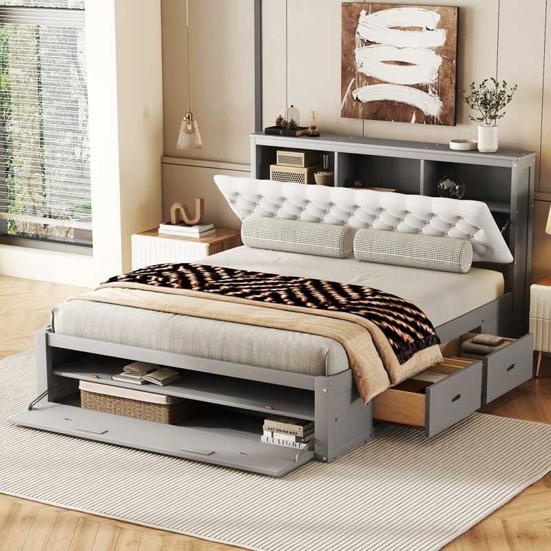 Lit plateforme en bois avec tête de lit, étagère à chaussures et 4 tiroirs, gris