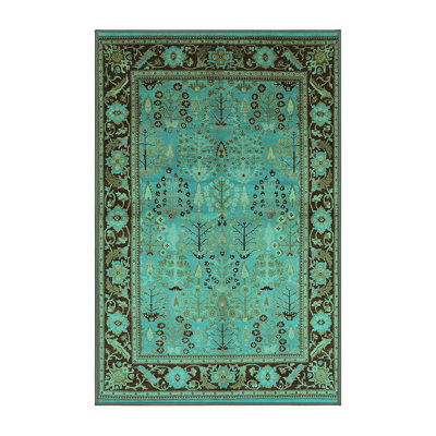 Tapis oriental en laine / polyester tissé à la machine en turquoise / brun