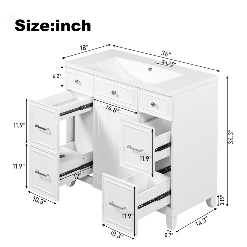 36'' Single Bathroom Vanity with Resin Top, White, Silver