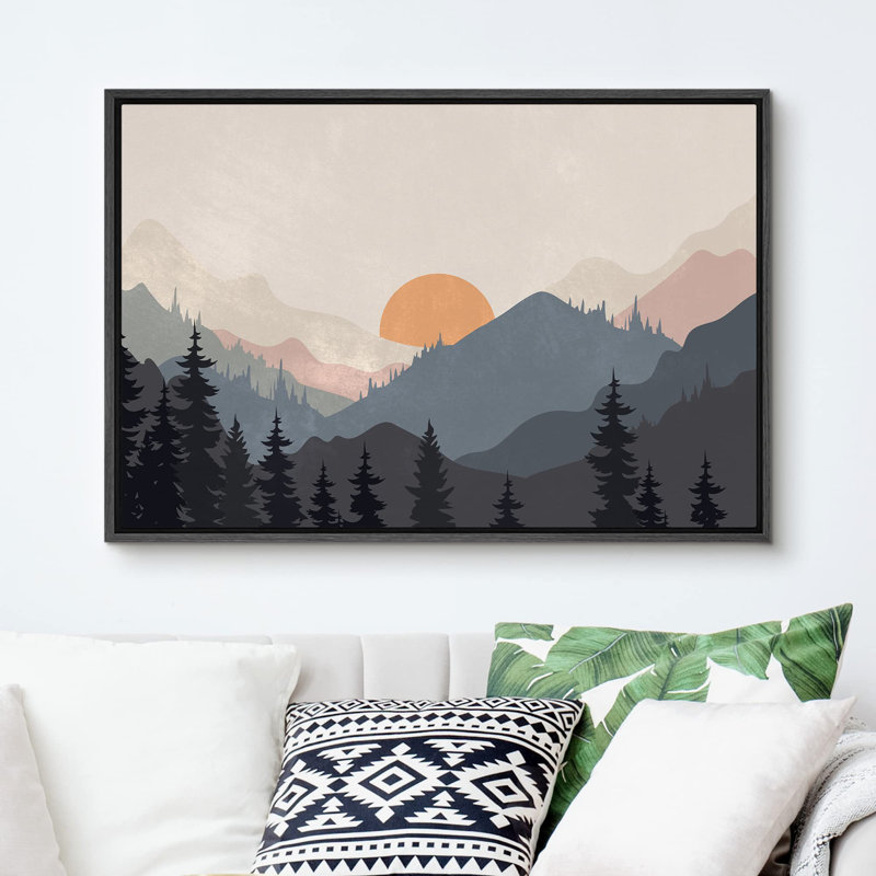 «Woodland Sunrise Pastel Mountain River Nature Wilderness Modern Art Decor Boho» sur toile, Noir, H 16 po x l 24 po