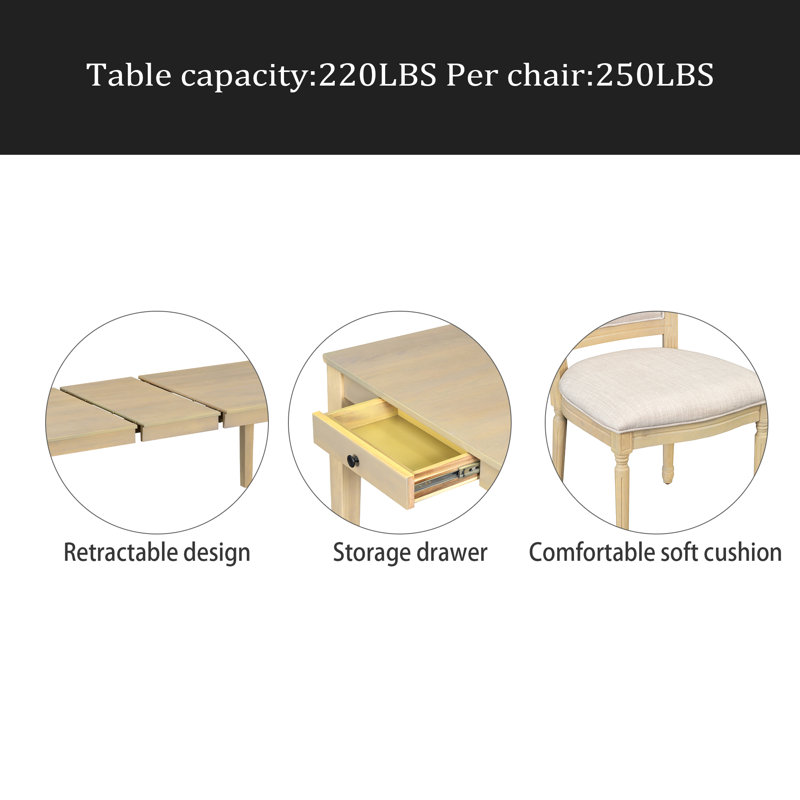 Ensemble de table de salle à manger extensible 78,1 pouces Rustic 7 pièces avec rallonge amovible de 18 pouces, 6 chaises de salle à manger rembourrées, 2 tiroirs intégrés