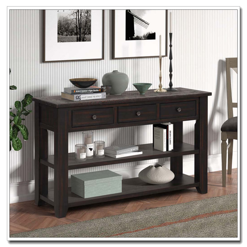 Console en bois vieilli avec 3 tiroirs et 2 tablettes, Noir patiné