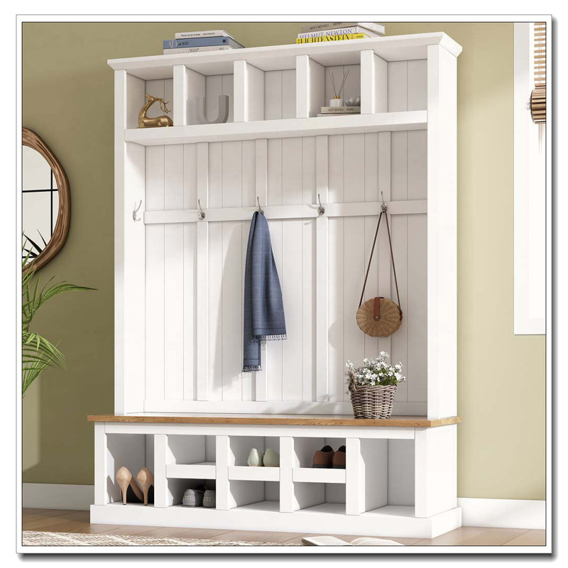78''H Modern Hall Tree with Wide Storage Seating Bench, Entryway Shoe Cabinet with 13 Compartments, White
