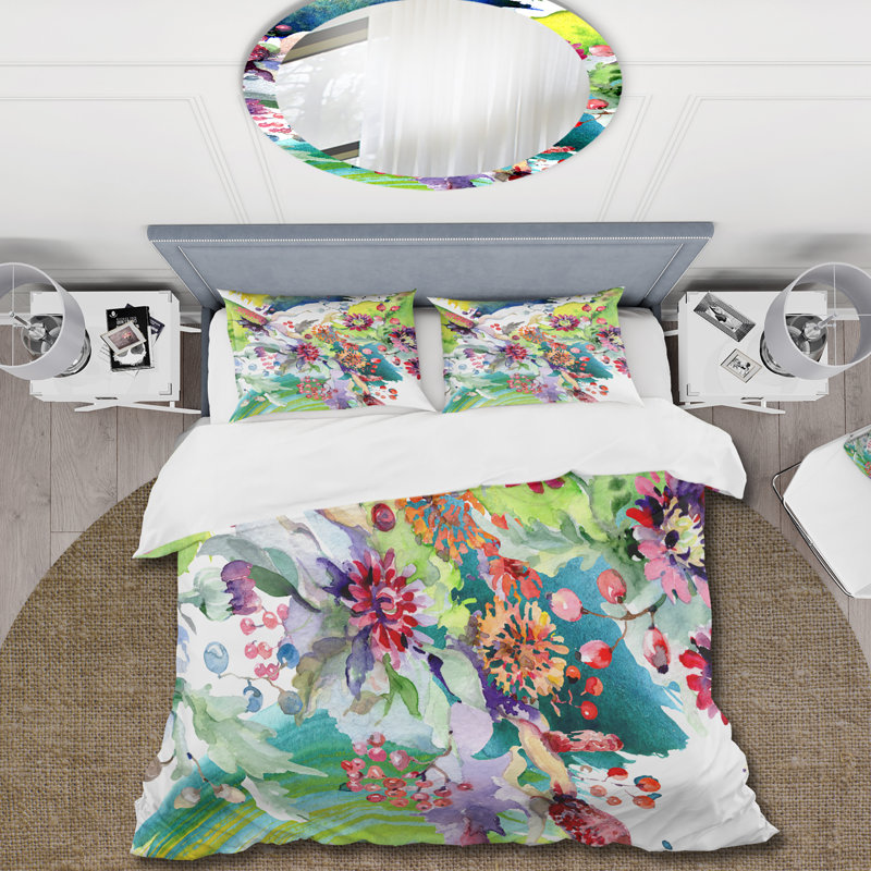 Vibrant Wild Spring Leaves and Wildflowers X - Modern Duvet Cover Set - Microfiber Polyester