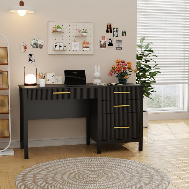 Modern Executive Desk with File Drawers, Wood Home Office Desk with Storage Drawers, Black