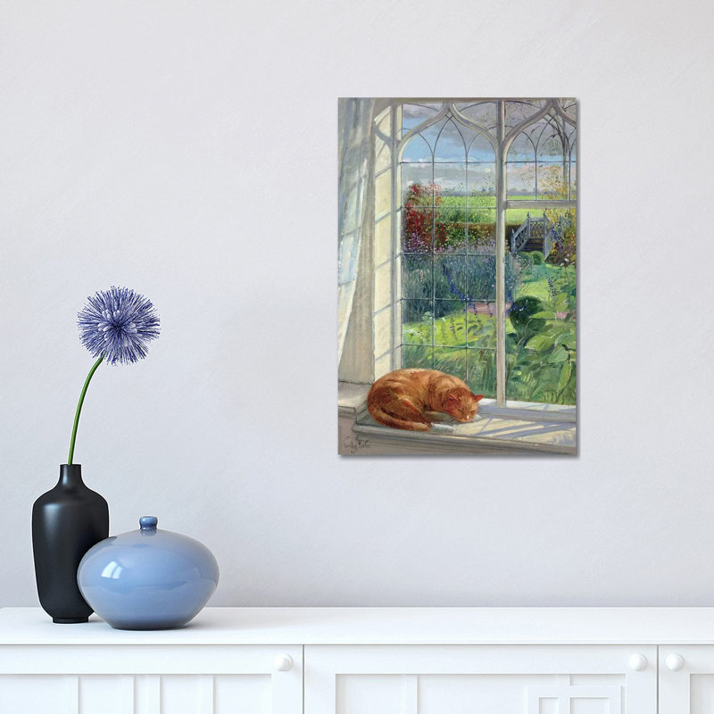 Sleeping Cat and Chinese Bridge 1 Piece Wrapped Canvas Painting, 30.48 cm H x 45.72 cm W