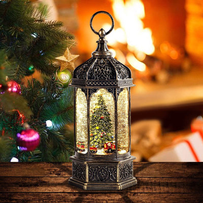 Lanterne cylindrique en forme de boule à neige en forme d'arbre de Noël en bronze - 8 morceaux, minuterie 6H, lumière clignotante | Décoration musicale boule de neige