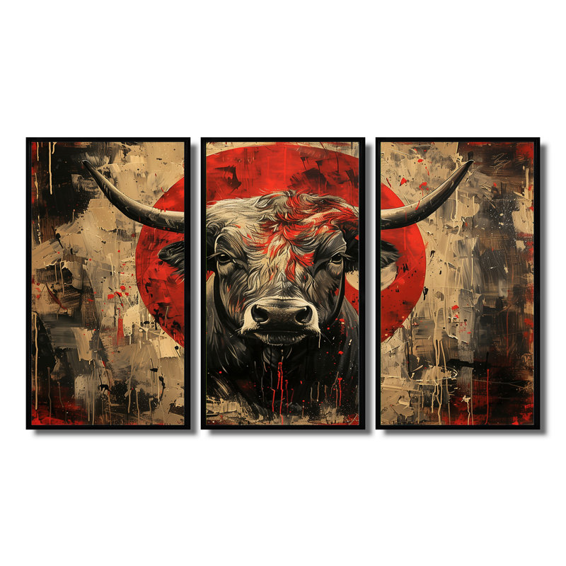 Taureau rouge «Astrology Bulls Courage» - ensemble d'art mural bovins, H 28 po x l 36 po, Cadre flottant noir