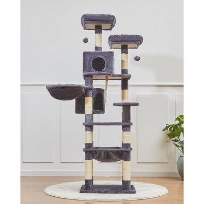 Arbre à chat 71 pouces pour chats, peluche pour chat à plusieurs niveaux avec 12 poteaux à griffer, 2 perchoirs, 2 grottes, hamac, 2 pompons, tableau à gratter pour chats d'intérieur -MS023LG