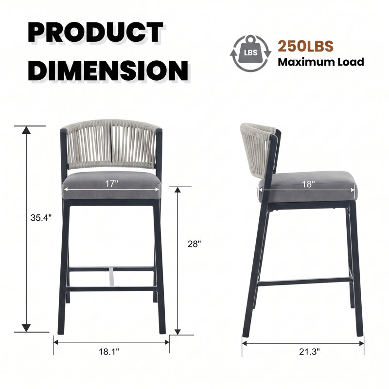 Tabourets de bar à hauteur de comptoir en aluminium 28 po avec repose-pieds, Black Frame/Grey Cushion