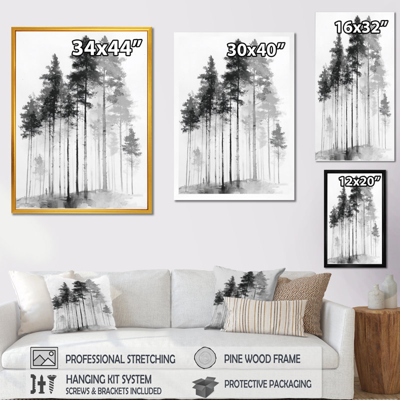 «Black and White Tall Pine Tree Forest», reproduction d'art sur toile Nature, H 32 po x l 16 po, Cadre flottant, Crème