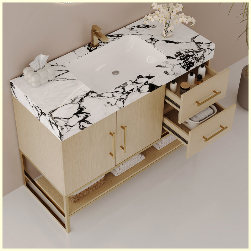 Meuble-lavabo moderne 36 po en céramique avec rangement à fermeture en douceur, Bois