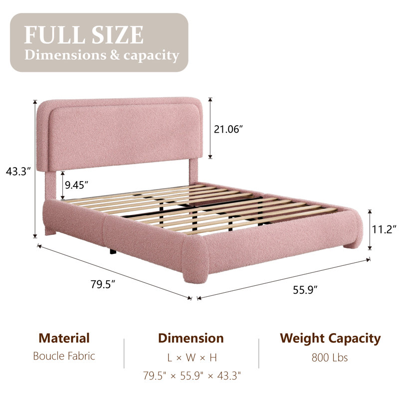 Haden Lambswool Boucle Upholstered Platform Bed Frame with Headboard, Full, Pink