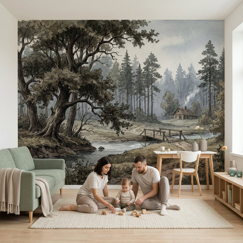 Papier peint paysage boisé, aquarelle, illustration de forêt amovible, décoration murale, 100 po x 96 po, Non tissé