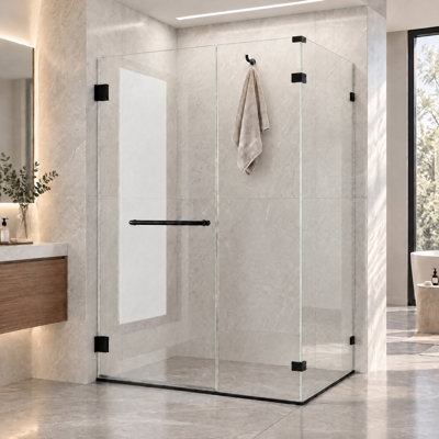 Crochet intégré de porte de douche sans cadre 32 po x 48 po x 74 po, verre trempé 3/8 po, fermeture automatique automatique, avec porte-serviettes, double côté facile à nettoyer, parfait pour les résidences et les hôtels